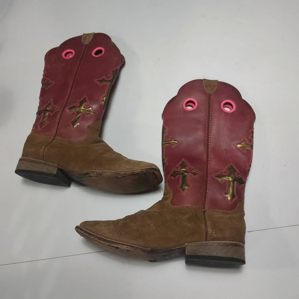 ARIAT Girls Pink and Brown Leather Slip-on Boots Size 3